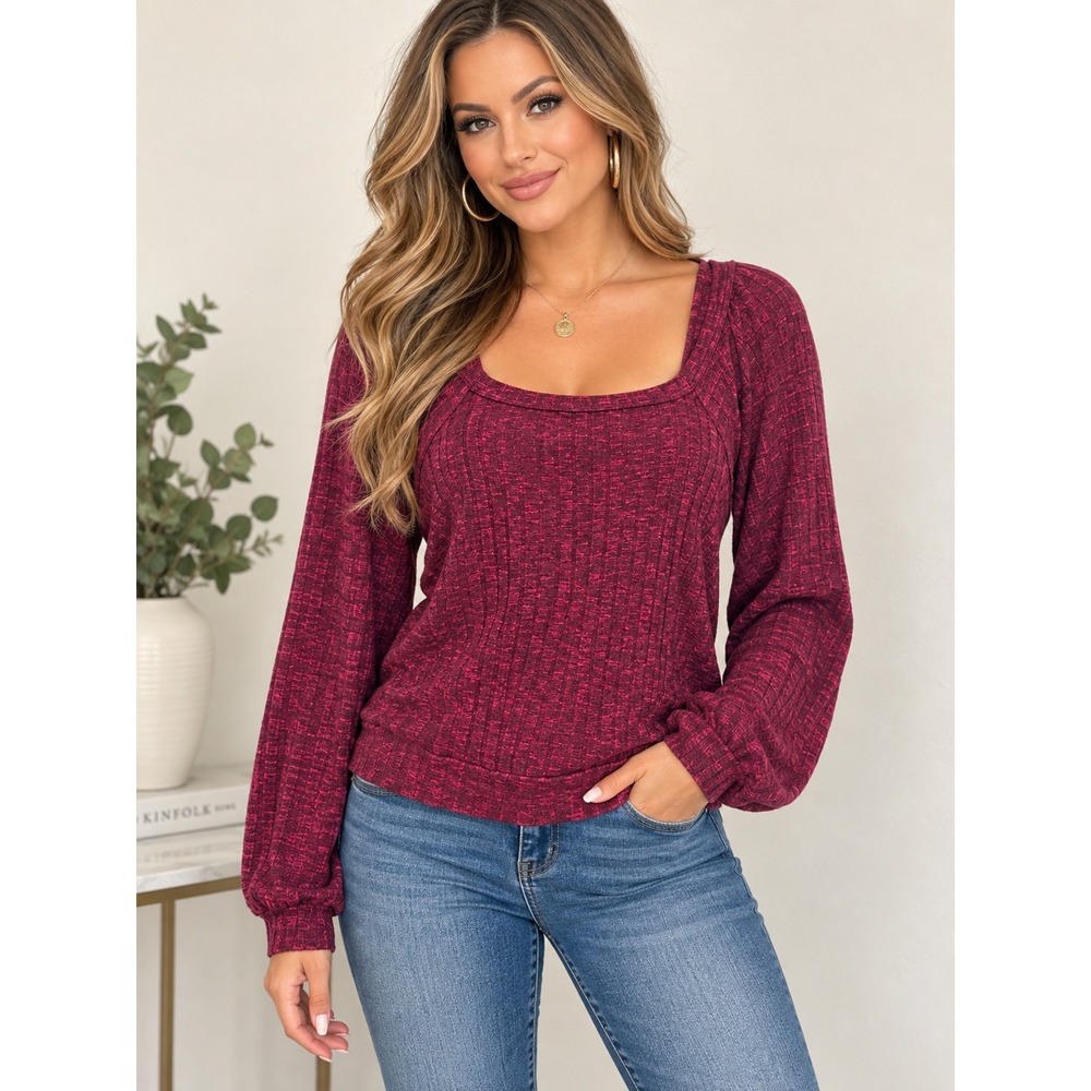 Michael Stars Berry Ribbed Square Neck Raglan Balloon Sleeve Top Small